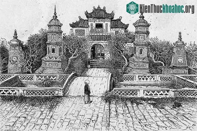 Tranh Chùa Báo Ân được vẽ lại từ ảnh của bác sĩ Hocquard, 1888