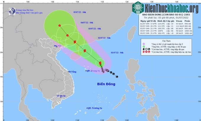 Hướng đi của bão số 1 trong những giờ tiếp theo.
