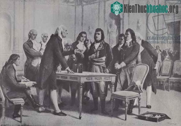 Nhà vật lý Volta trình bày về pin ông phát minh cho vua Napoleon.
