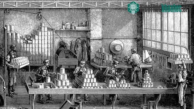 Công nhân gắn mã và hàn lon thực phẩm ở Pháp vào năm 1870.
