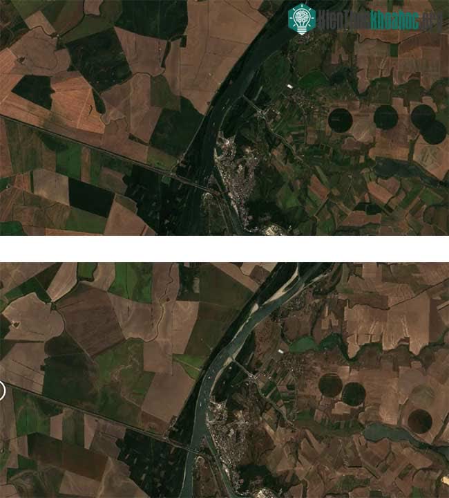 Sông Danube năm 2021 (trên) và năm 2022 (dưới).
