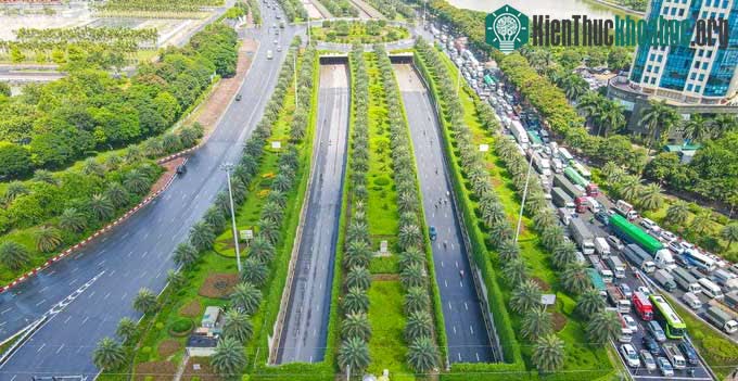 Hàng cây leo kèm theo những cây xanh được trồng ở khu vực hầm chui Trung Hòa