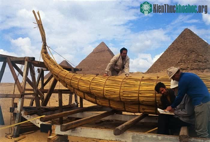 Thor Heyerdahl, mặc đồ màu xanh lam, giám sát việc xây dựng con tàu Ra của mình