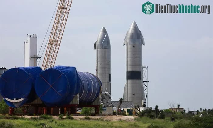 Hai tàu vũ trụ Starship của công ty SpaceX trong quá trình chế tạo tại bang Texas.