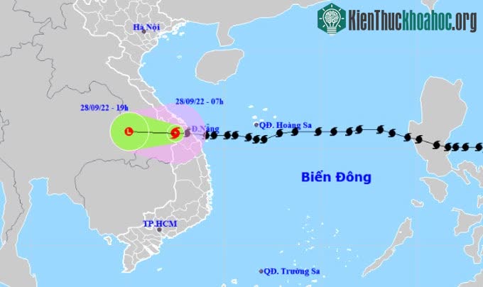 Dự báo đường đi và khu vực ảnh hưởng của bão Noru lúc 7h sáng 28/9.