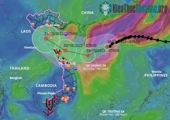 Dự kiến hướng đi và vùng ảnh hưởng của bão, 7h ngày 18/10.