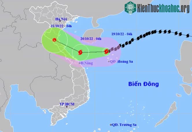 Dự kiến hướng đi và vùng ảnh hưởng của bão. 4h ngày 19/10.