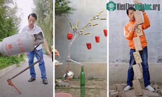 Wang Yekun xếp thăng bằng cho gạch, bình gas và đồ vật cồng kềnh trên nắp chai thủy tinh.