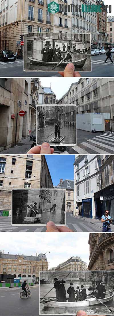 Đường phố Paris sau trận lụt lớn năm 1910 và hiện tại.