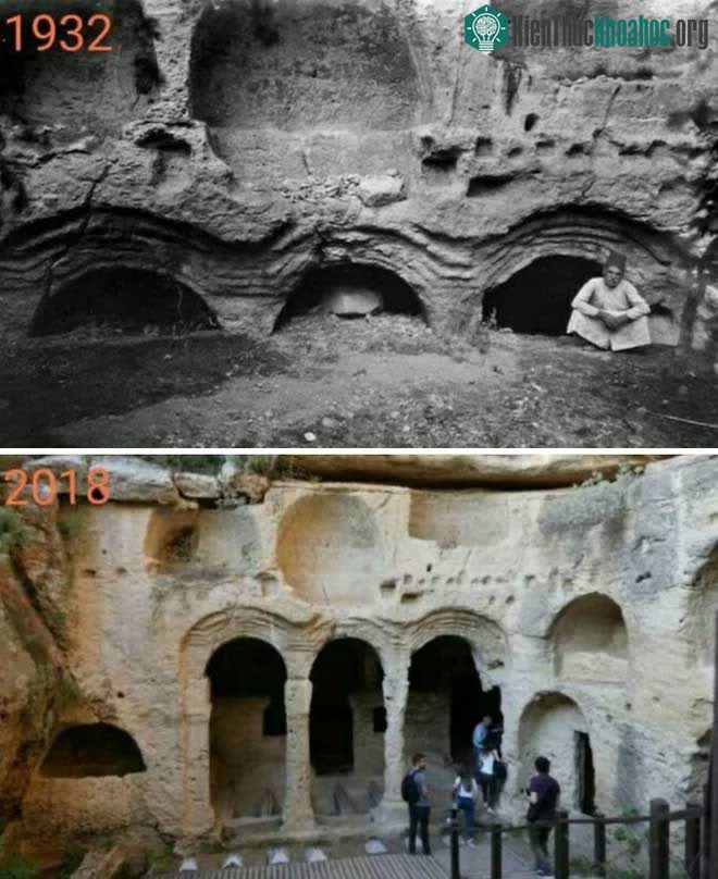 &nbsp;Lăng mộ hang động Besikli ở Hatay, Thổ Nhĩ Kỳ năm 1932 và 2018.