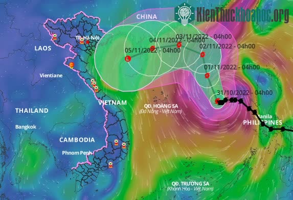 Dự kiến hướng đi của bão, 4h ngày 31/10.