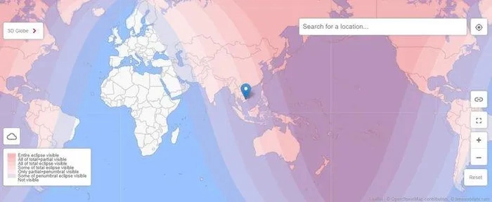 Vùng quan sát nguyệt thực: màu càng đậm thời gian quan sát càng dài và nhiều giai đoạn
