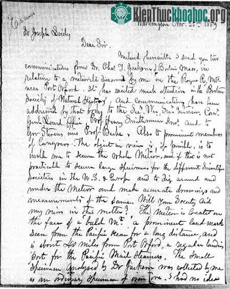 Bức thư năm 1859 của John Evans thảo luận về việc phát hiện ra thiên thạch.