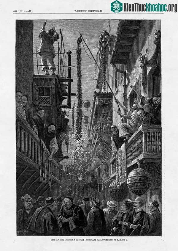 Tranh khắc gỗ miêu tả ngày Tết âm lịch năm 1880.