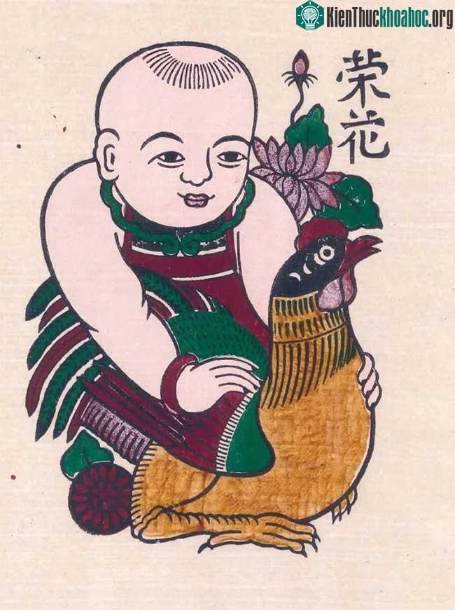 Tranh dân gian Bé trai ôm gà gọi là Vinh Hoa