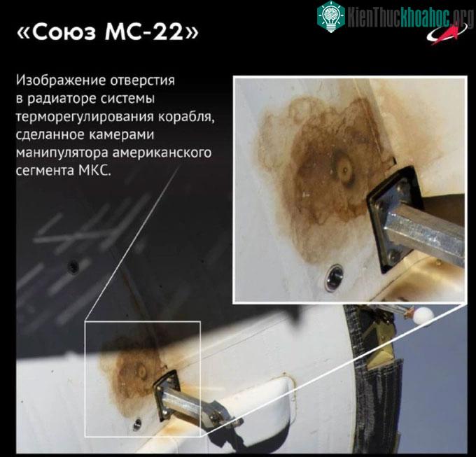 Một hình ảnh được chia sẻ bởi cơ quan vũ trụ Nga Roscosmos cho thấy vị trí rò rỉ chất làm mát.
