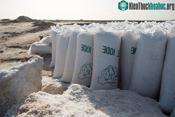 Những túi muối i-ốt chuẩn bị được phân phối.