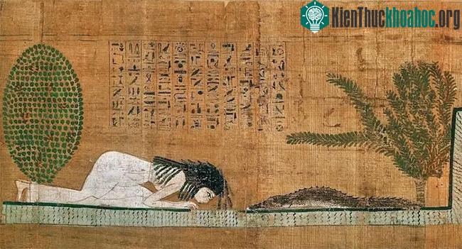 Bức tranh làm bằng cói minh họa sự thờ phụng của Neferusobek đối với thần cá sấu Sobek.