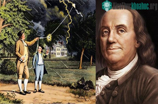 Benjamin Franklin cùng con trai trong thí nghiệm thả diều, khởi nguồn cho cột thu lôi chống sét.