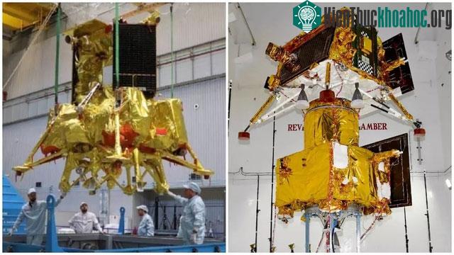 Tàu Luna-25 của Nga (trái) và tàu Chandrayaan-3 của Ấn Độ (phải) trước ngày phóng.