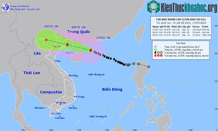 Vị trí và hướng di chuyển của bão số 1.