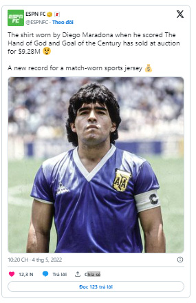 Chiếc áo của Maradona mặc trong trận tứ kết World Cup 1986 được bán với giá 4 triệu bảng