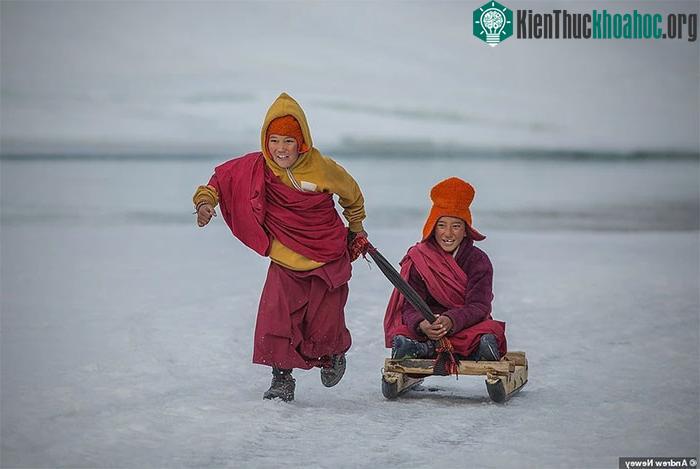 2 tu sĩ tận hưởng giây phút thư giãn bằng cách chơi trên chiếc xe trượt tuyết