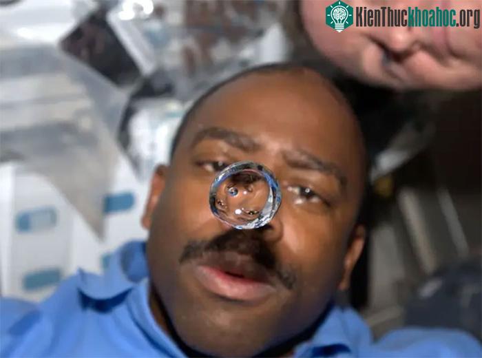 Nhà du hành Leland Melvin đang nhìn một giọt nước trôi lơ lửng trong boong tàu con thoi