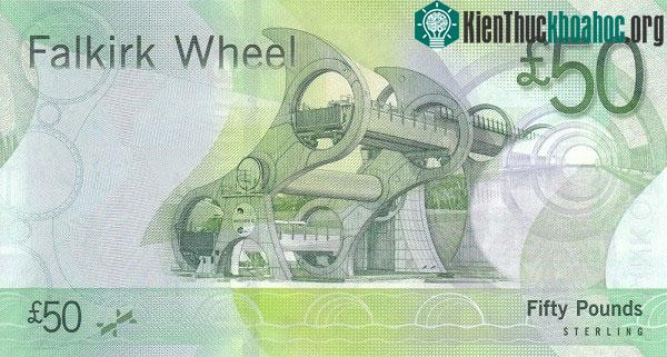 Bệ thống nâng tàu Falkirk Wheel đã được in trên tờ 50 bảng Scotland