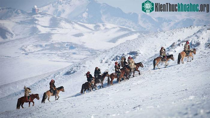 Người dân cưỡi ngựa với đại bàng trên vai trong Lễ hội đại bàng mùa xuân ở Ulaanbaatar