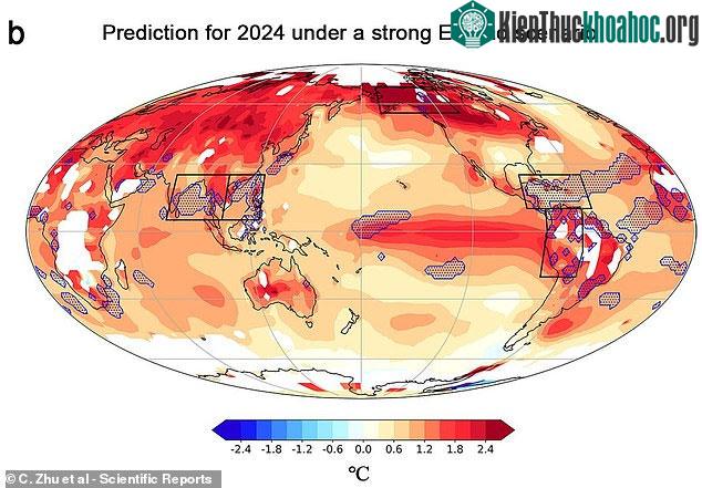 Bản đồ cho thấy sự thay đổi so với mức trung bình trong kịch bản El Nino mạnh.