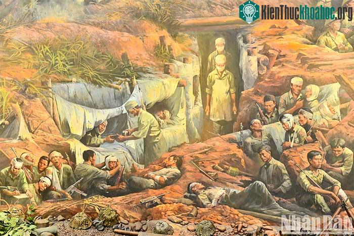 Hình ảnh tái hiện một đơn vị cứu thương trên chiến trường Điện Biên Phủ.