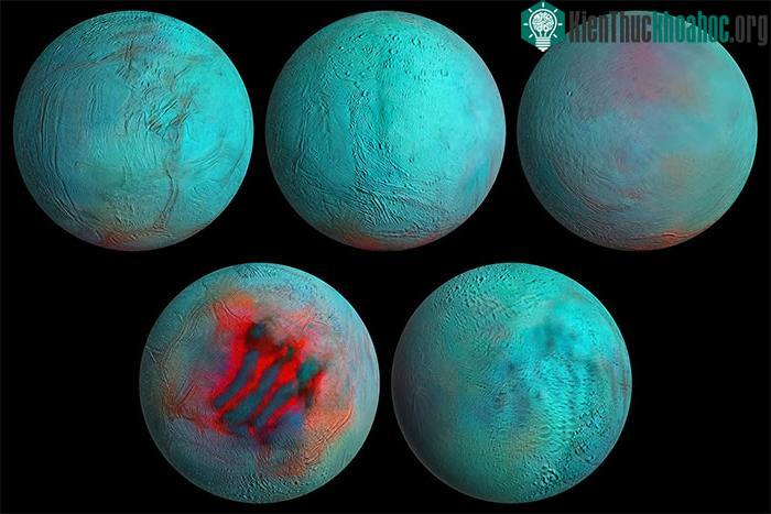 Bản đồ toàn cầu hồng ngoại của Enceladus chụp từ các phía khác nhau