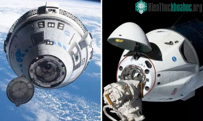 Tàu Crew Dragon của SpaceX cập bến trạm ISS (trái) và tàu Starliner của Boeing trên quỹ đạo