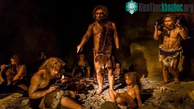 Bản dựng lại của một nhóm người Neanderthals trong một hang động