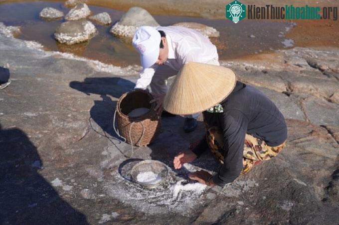 Người dân làng Gò Cỏ vẫn giữ kỹ thuật làm muối trên đá của tổ tiên.