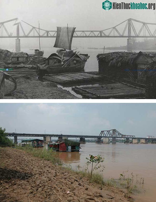 Hình ảnh ven sông Hồng dưới chân cầu Long Biên xưa và nay.