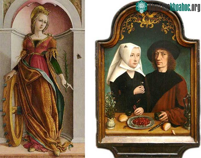 Tác phẩm của Verena Vickers (trái) và Carlo Crivelli (phải) với con ruồi đậu trên mũ và tường.