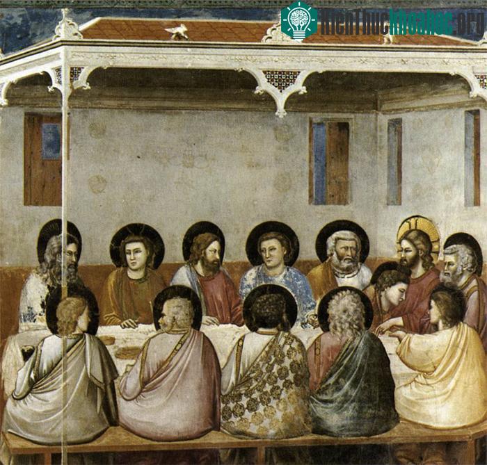 Trong hình, chúa Jesus và các tông đồ đều có quầng sáng trên đầu.
