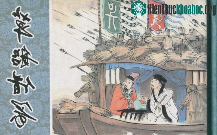 Gia Cát Lượng bình thản ngồi rót rượu cùng Lỗ Túc trong khi mưa tên đang bắn xối xả vào một bên thuyền. (Ảnh: Internet).