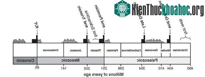 5 cuộc đại tuyệt chủng lớn của Trái Đất: Cuối kỷ Creta (tuyệt chủng K-T) > Kỷ Ƭrias-Jura > kỷ Permi - Kỷ Triat > Kỷ Ɗevon muộn > kỷ Ordovic - kỷ Silur (từ ρhải qua trái).