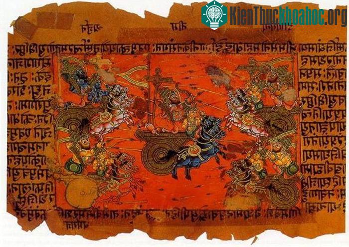 Bản thảo minh họa trận chiến trên không của Kurukshetra giữa Kauravas và Pandavas, ghi lại trong sử thi Mahabharata.