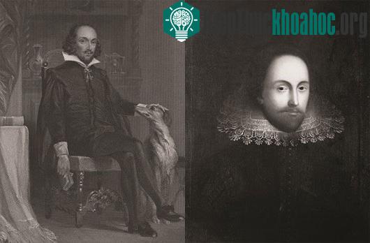 Hình ảnh Shakespeare ngồi trên chiếc ghế chạm khắc, tay trái cầm cuốn sách, tay phải đặt lên đầu một con chó (ảnh phải).