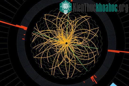 Hình minh họa va chạm trực diện giữa hai luồng hạt proton trong máy gia tốc hạt&nbsp;lớn khiến 4 electron năng lượng cao (đường màu xanh lục) văng ra. (Ảnh: AP)
