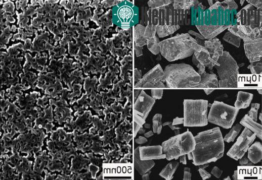 Ảnh chụp bằng kính hiển vi này cho thấy một vật liệu bột có cấu trúc nano (bên phải) cải thiện độ dẫn điện của pin.