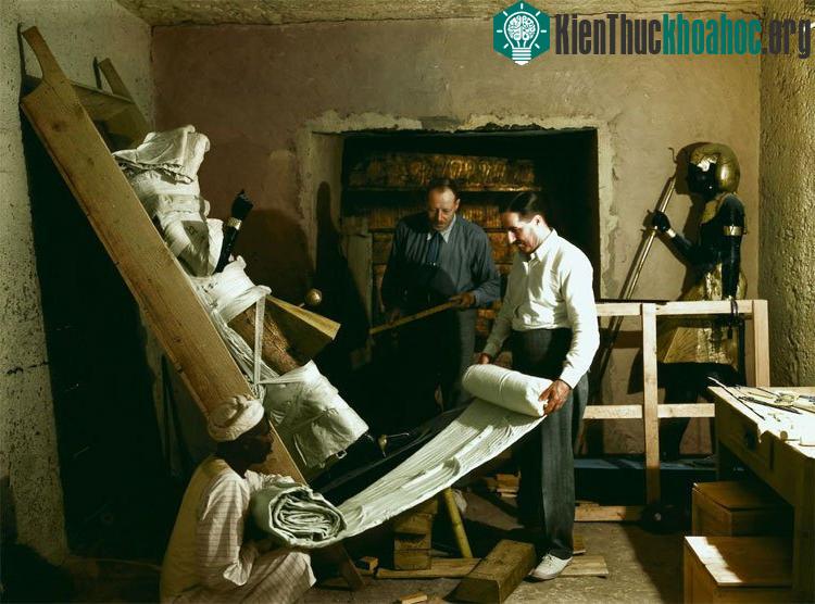 Howard Carter, Arthur Callender và các công nhân Ai Cập đang bọc vải quanh tượng lính gác để vận chuyển.