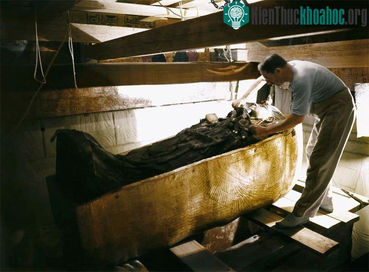 Carter đang quan sát quan quách của Tutankhamun.