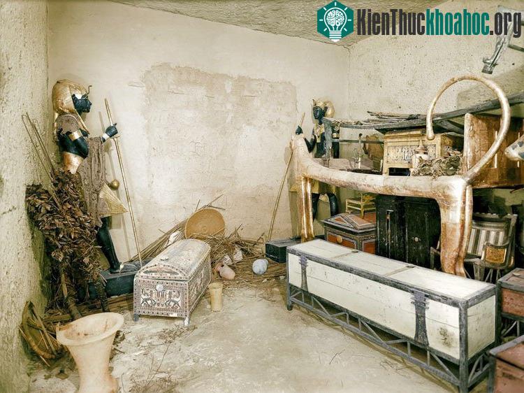 Một chiếc giường sư tử mạ vàng, rương quần áo và những vật dụng khác trong phòng.