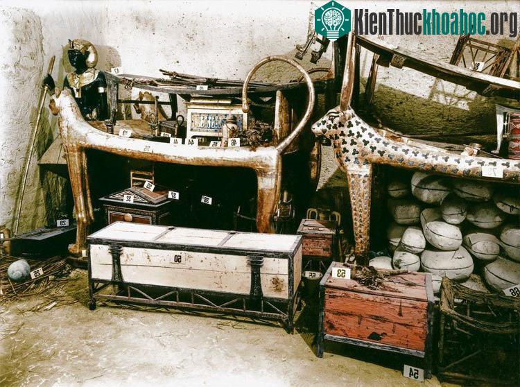Một chiếc giường sư tử mạ vàng và rương quần áo cùng những đồ vật khác trong phòng.