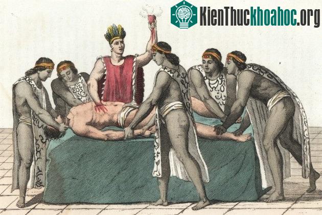 Một nghi lễ hiến sinh người ở người Aztec. (Bản vẽ của Giulio Ferrario's, 1843).